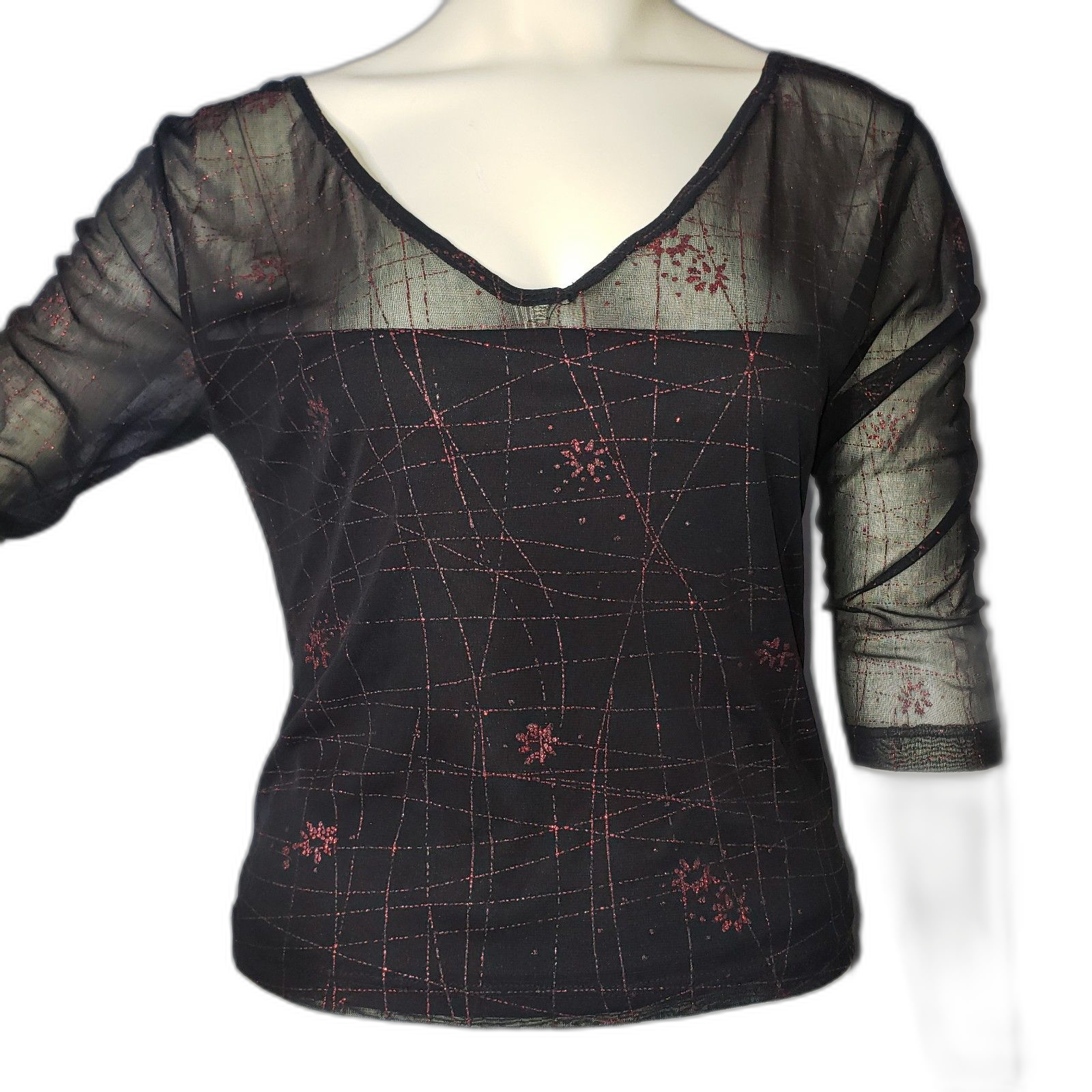 Donnatella Usa Vintage 80's Black V Neck Top With Red Metallic Lace